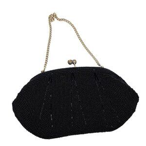 Vintage Bon Soir beaded clutch purse black short chain handle, snap closed clasp